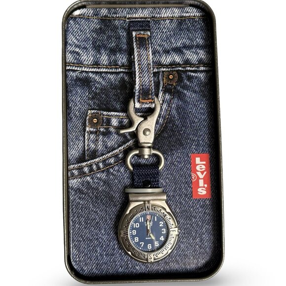 VTG Levi's Pocket Watch Clip Stainless Steel Navy Blue Quartz Tin Gift Box Japan - Picture 2 of 10